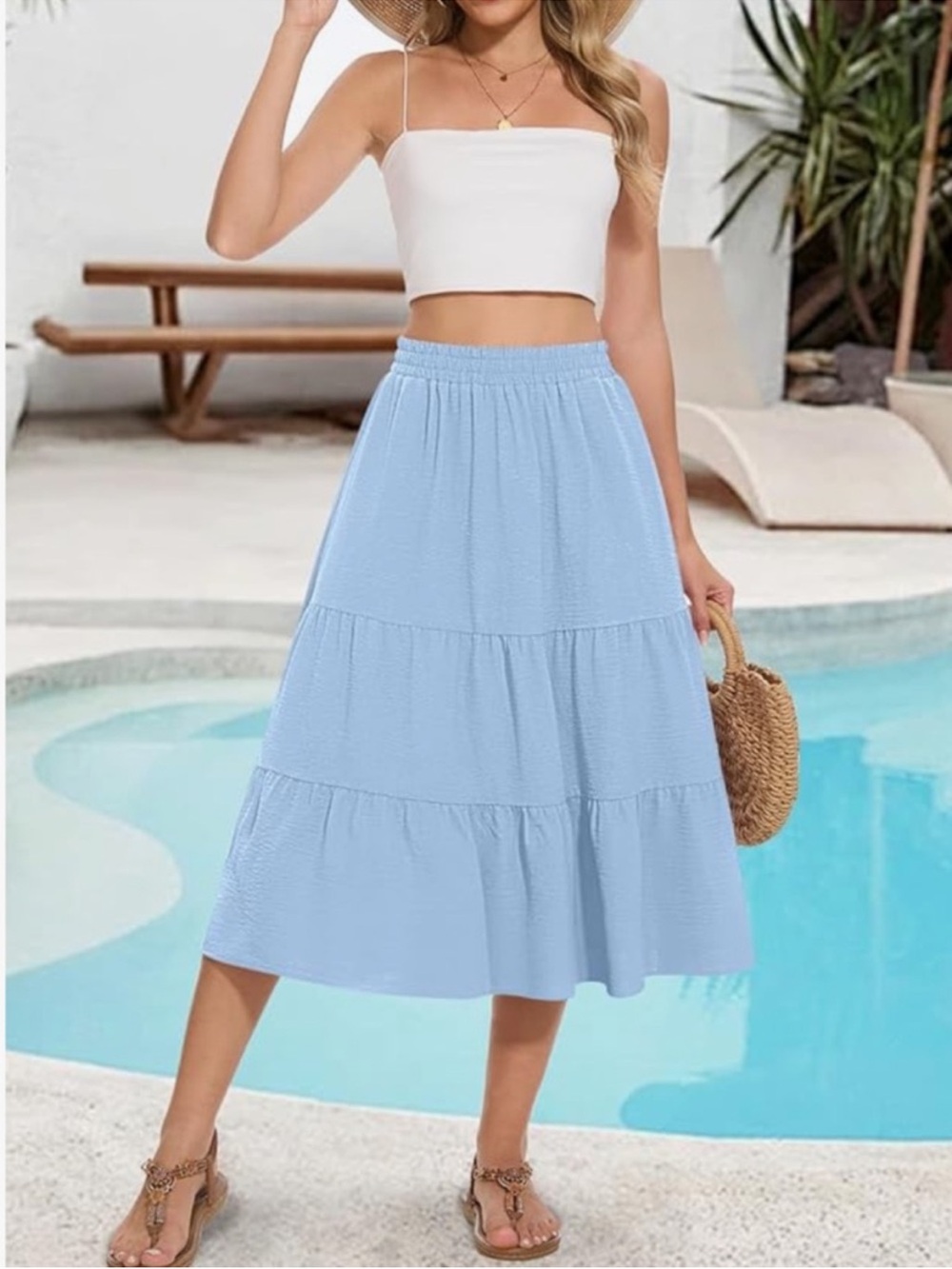 Midi Skirt Tiered Flowy High Waist A-Line Elastic Ruffle Casual Skirts